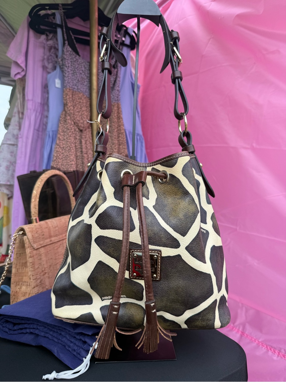 Dooney & Bourke Brown and Cream Giraffe-Print Drawstring Bucket Bag and wallet